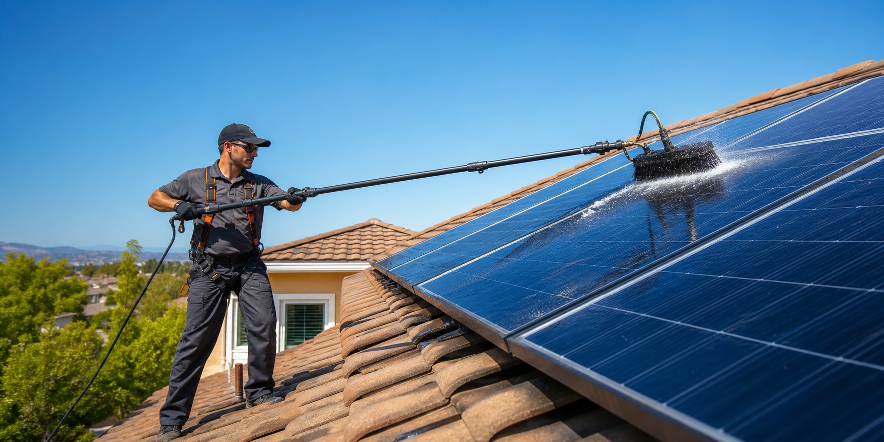 Solar panel cleaning on a sunny roof